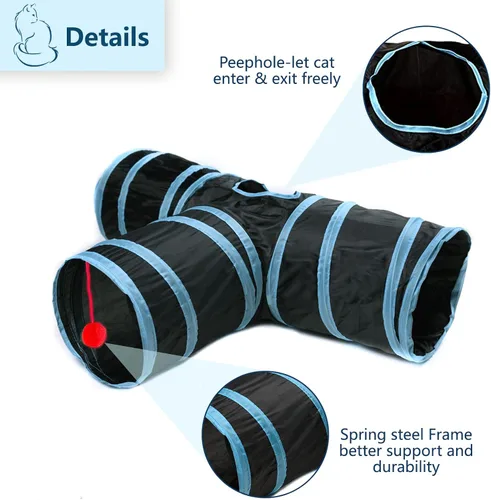 Miniatura 4 de Túnel para gatos, tubo plegable con 1 pelota de juego, 3 vías para gatos de interior, cachorros, gatitos, conejos