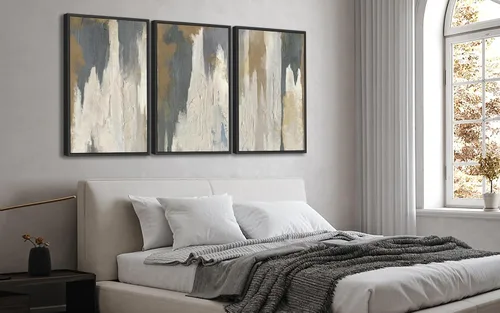 Miniatura 7 de Arte de pared abstracto enmarcado grande - Cuadros de lienzo enmarcados naturales para sala de estar, impresiones modernas en lienzo gris azul