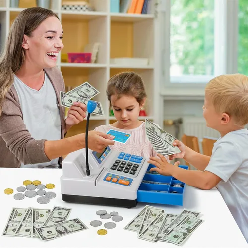Miniatura 6 de Juguetes de Caja Registradora con Calculadora, Regalo para Niños de 3, 4, 5, 6, 7, 8+ Años, Set de 103 Piezas de Tienda de Comestibles