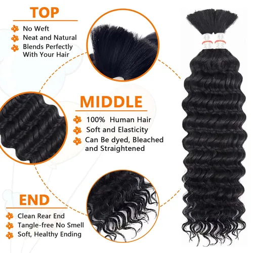 Miniatura 4 de Cabello humano para trenzar, ondulado profundo, cabello humano a granel para trenzar, sin trama, cabello humano húmedo y ondulado, extensiones