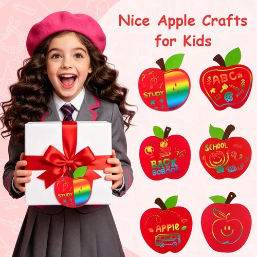 Miniatura 4 de JULMELON Paquete de 36 tarjetas para rascar con diseño de manzanas para el regreso a clases, tarjetas para rascar arcoíris con cintas de lápiz