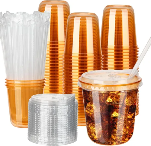 Miniatura 7 de 100 juegos de vasos de plástico desechables de 16 onzas sin tallo con tapas para sorber sin pajilla, tazas de café PET transparentes para café