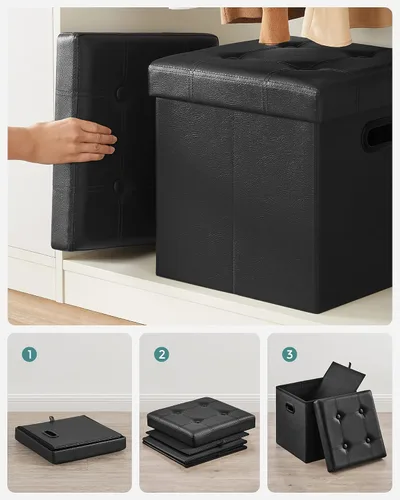 Miniatura 7 de Otomana plegable por Songmics, cubo de almacenamiento de 15 pulgadas con agujero y asa, piel sintética, Madera, Negro