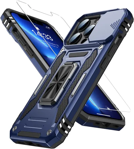 Miniatura 26 de MERRO Funda para iPhone 13 Pro con protector de pantalla, protección de cámara deslizante, funda resistente de grado militar con soporte magnético