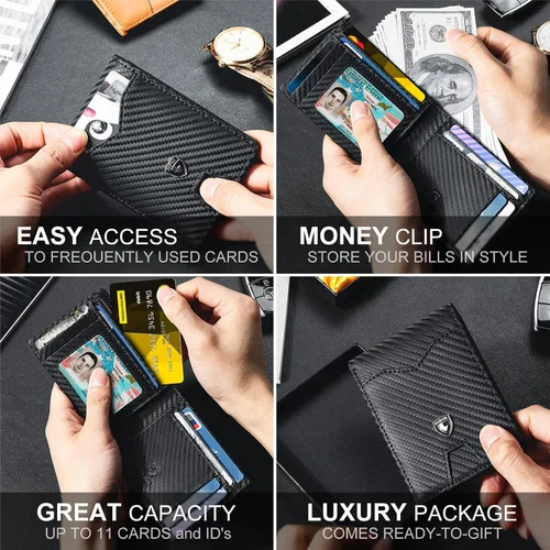 Miniatura 3 de GSOIAX Billetera delgada para hombre minimalista de cuero genuino fibra de carbono con bloqueo RFID de cuero vacuno plegable con caja de regalo