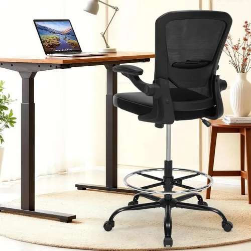 Miniatura 9 de Silla de Dibujo Silla Alta de Oficina con Asiento de Cuero PU, Silla de Escritorio Ergonómica de Pie de 400lbs con Soporte Lumbar, Taburete
