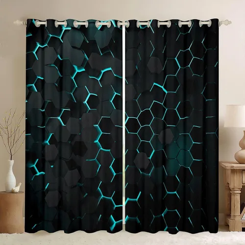 Miniatura 18 de Manfei Cortinas opacas negras de panal de abeja con luces de neón azul real, tratamientos de ventana con estampado geométrico hexagonal, decoración