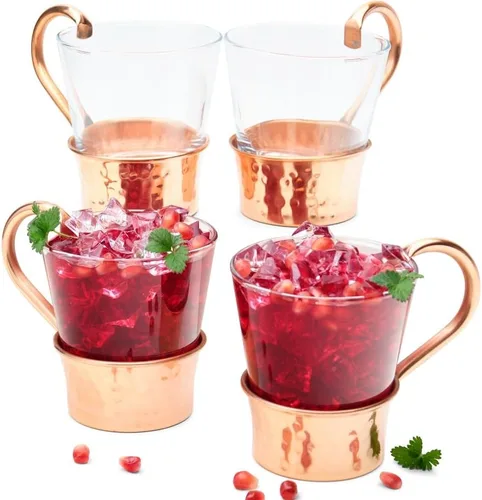 Advanced Mixology Tazas de mula turca | Juego de 4 | Base de cobre 100% puro y vidrio | Grado alimenticio | Acabado martillado |