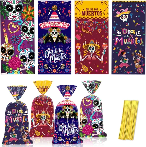 Miniatura 5 de Threetols 100 bolsas de celofán para Halloween, Día de los Muertos, bolsas de celofán para golosinas de celofán, calavera de azúcar, flores, bolsas