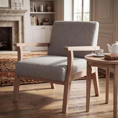 Miniatura 11 de Juego de 2 sillas decorativas beige, sillas modernas de mediados de siglo para sala de estar, dormitorio, sillón con marco de madera, silla auxiliar