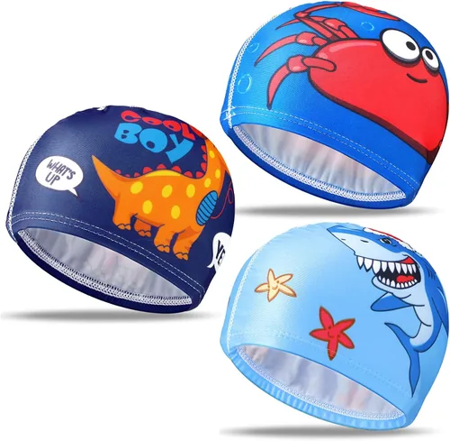 Miniatura 10 de Geyoga 3 piezas de gorras de natación para niños y niñas, gorras de natación para niños de 2 a 12 años, gorro de natación para piscina, gorro de Azul