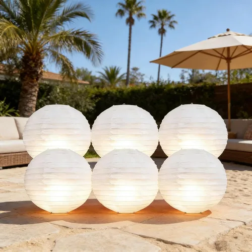 Miniatura 4 de 6 linternas de papel blancas con luces LED, linterna redonda de 12 pulgadas, lámpara de papel colgante para cumpleaños, boda, Navidad, novia