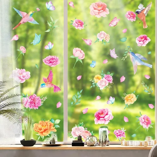 Miniatura 8 de Whaline 9 hojas de primavera de mariposa para ventana, decoración de ventanas de flora de mariposa colorida de verano, calcomanías reutilizables