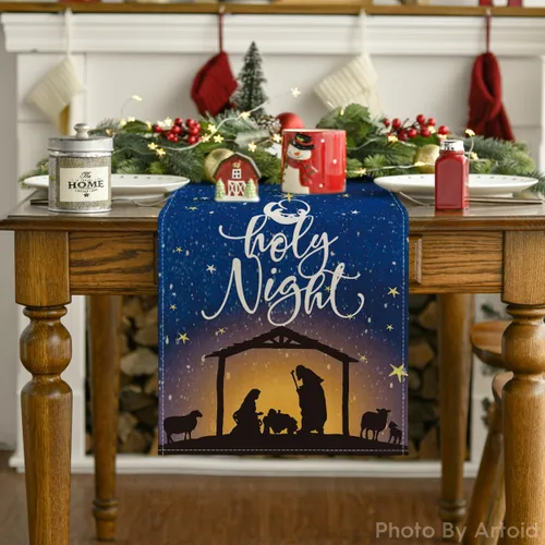 Miniatura 7 de Artoid Mode Camino de mesa navideño The Lord Blue Sky para invierno, noche santa de Cristo, cocina, comedor, decoración para exteriores y fiestas