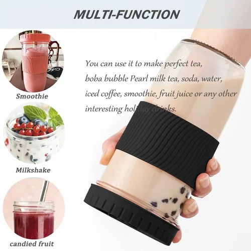 Miniatura 3 de Amyoole Paquete de 2 tazas Boba reutilizables, vasos de batido de boca ancha de 24 onzas, vasos de vidrio con tapas y popotes, tazas de té