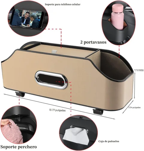 Miniatura 2 de HOLDCY Organizador de asiento trasero de automóvil con 2 portavasos para bebidas, caja de pañuelos y gancho para caja de almacenamiento, Beige