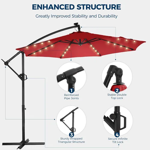 Miniatura 7 de HOMSHADE Paraguas de patio voladizo con luces solares de 10 pies, con luz y base, luz LED, para colgar en el patio, sombrilla de mercado al aire Rojo