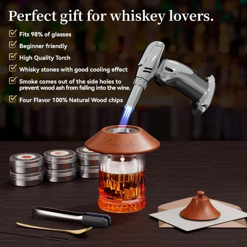 Miniatura 3 de Kit de ahumador de cóctel con antorcha y vaso de whisky, chips de madera de 6 sabores y 3 piedras de whisky para whisky y bourbon, regalo para Marrón