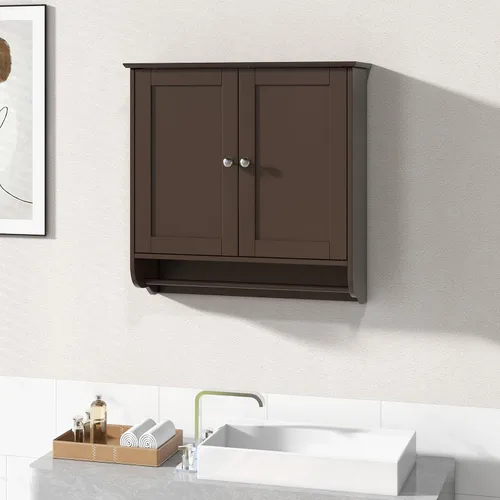 Miniatura 7 de Giantex Armario de baño montado en la pared, botiquín sobre el inodoro con puertas dobles, estante ajustable y barra de toallas, armario