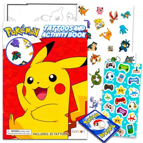 Paquete de tatuajes temporales de Pokémon, paquete con 35 tatuajes de Pokémon y libro para colorear de Pokémon más tarjetas de Pokémon | Suministros