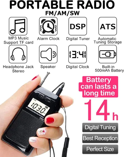 Miniatura 2 de Radio portátil FM AM de onda corta con altavoz y retroiluminación, reproductor de MP3 compatible con tarjeta TF, radios de bolsillo estéreo