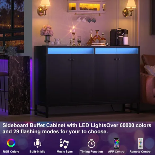 Miniatura 3 de Aheaplus Aparador de buffet con toma de corriente, armario de almacenamiento de cocina con luz LED y puertas, armarios de acento con almacenamiento