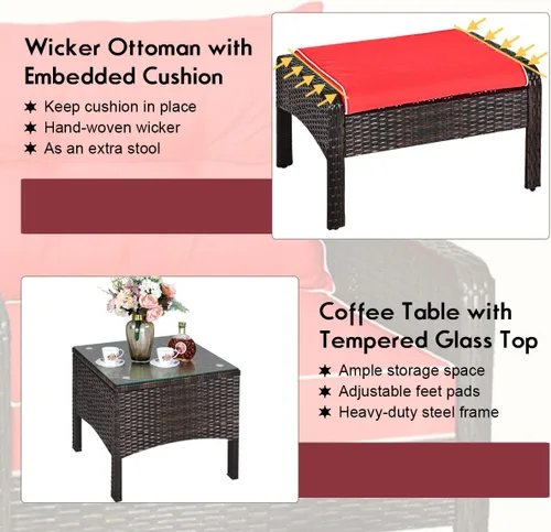 Miniatura 3 de Juego de muebles de mimbre para patio, juego de conversación de mimbre modular para exteriores con 2 otomanas y mesa de centro de vidrio templado