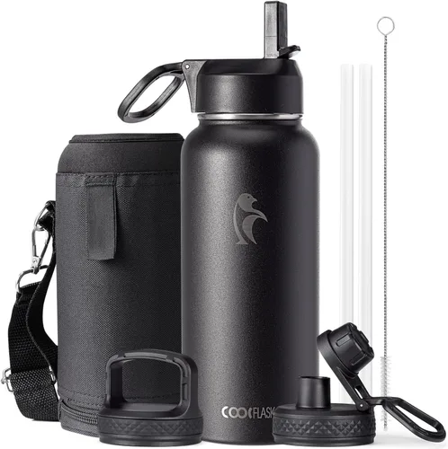 Miniatura 118 de Coolflask Botella de agua de 20 onzas aislada con pajilla, 3 tapas de metal de acero inoxidable, botella de agua de boca ancha para deportes u