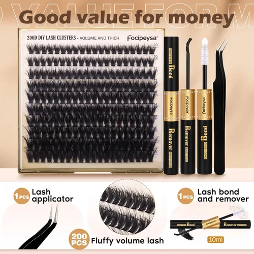 Miniatura 5 de Kit de extensión de pestañas Focipeysa, kit de extensión de pestañas gruesas, racimos de pestañas de volumen esponjoso de 10-18 mm, 200D pestañas