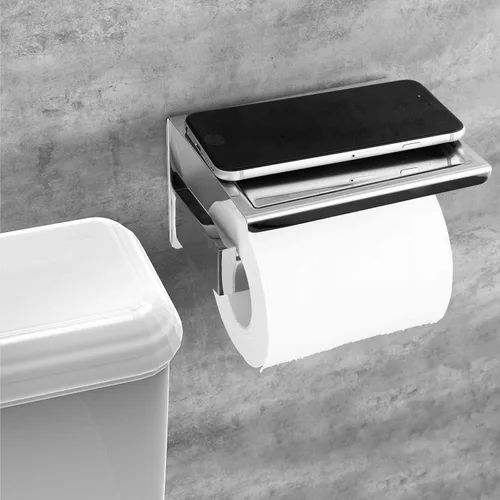 Miniatura 3 de HITSLAM Soporte de papel higiénico con estante, soporte para rollo de papel higiénico cromado autoadhesivo o montaje en pared con estante