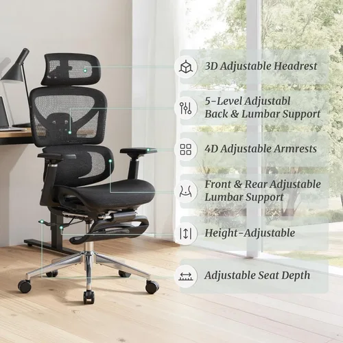 Miniatura 4 de Cozyman Silla de oficina ergonómica con reposapiés, soporte lumbar ajustable de 5 niveles y reclinación de 90-135°, reposacabezas 3D y reposabrazos