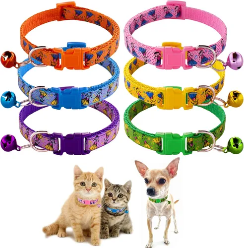 Miniatura 8 de Jecikelon 6 collares ajustables para cachorros, collar de poliéster para gatos con campana, collar básico para perros pequeños (S, pata 1)