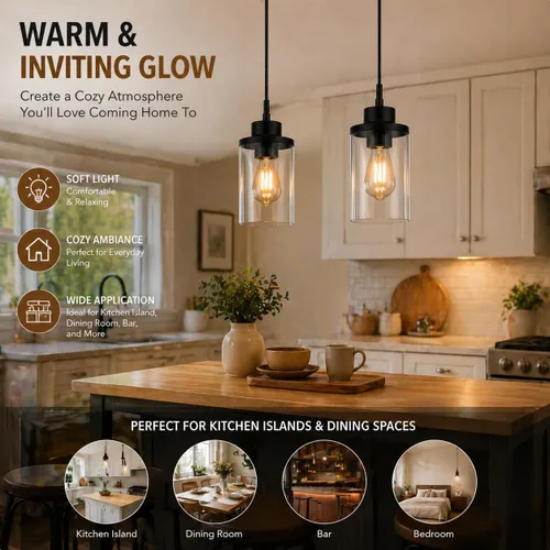 Miniatura 8 de Moderna Lámpara Colgante de Granja Negra de Vidrio Transparente Cilíndrico, Iluminación Colgante de Metal Industrial Mini para Isla de Cocina, Mesa