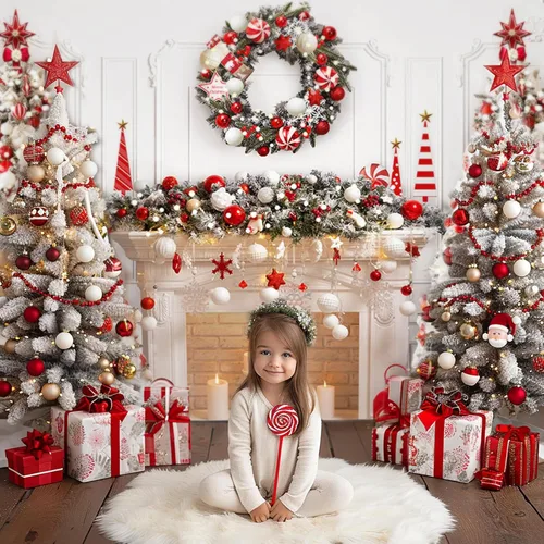 Miniatura 2 de Mocsicka Telón de fondo para chimenea de Navidad blanco y rojo, fondo para fotografía de árbol de Navidad, invierno, Navidad, familia, niños, fiesta