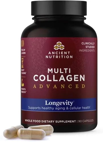 Ancient Nutrition Longevidad avanzada de colágeno múltiple con probióticos, péptidos de colágeno hidrolizados que promueven el envejecimiento