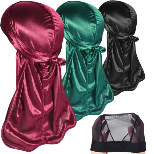 Miniatura 8 de Paquete de 3 piezas de durags sedosas para ondas de hombres, de regalo 1 gorra para marcar las ondas, talla única