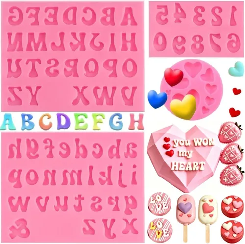 4 piezas Moldes de Letras para Fresas Cubiertas de Chocolate, Molde de Silicona de Alfabeto Números Mayúsculas Minúsculas Fondant para Hacer Dulces,