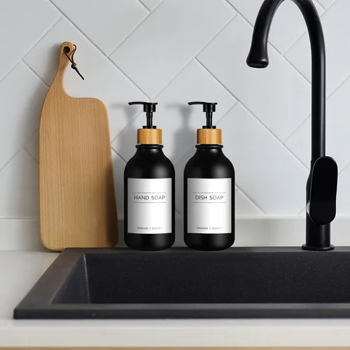 Miniatura 8 de Dispensador de Jabón de Mano Kasunting para Baño, Dispensador de Jabón para Cocina Negro, Juego de Dispensadores de Jabón de Mano y Platos de 17 Fl
