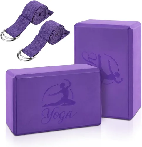 Miniatura 2 de Juego de 2 bloques de yoga y 2 correas de yoga, bloques de espuma EVA antideslizantes, ladrillos de yoga de alta densidad con correa de 6 pies