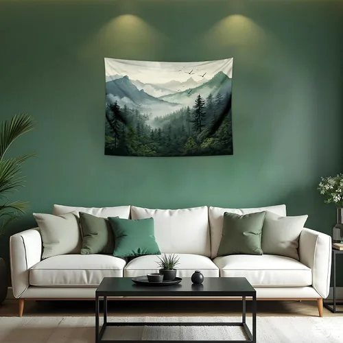 Miniatura 20 de QGHOT Tapiz de bosque brumoso, tapiz de montaña natural para colgar en la pared, paisaje de acuarela verde salvia, arte de pared para dormitorio
