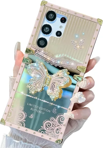 Miniatura 31 de Bonita funda compatible con Samsung Galaxy S22 Ultra, soporte plegable de lujo con diseño de mariposa brillante para mujeres y niñas, funda Blanco