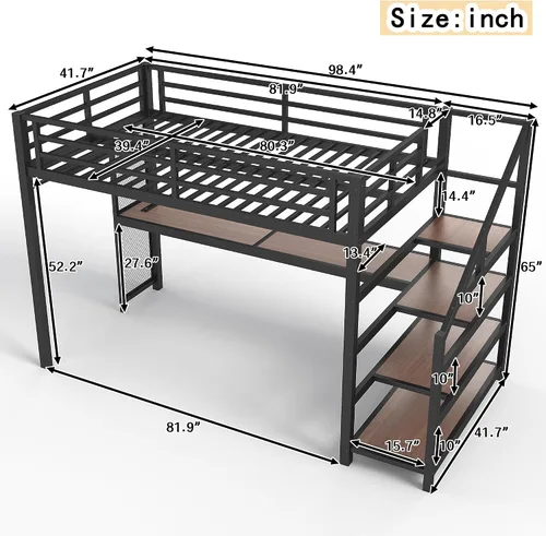 Miniatura 2 de Bellemave Cama alta individual XL con escritorio y escaleras de almacenamiento, marco de cama de metal individual XL con redes de hierro, luces LED