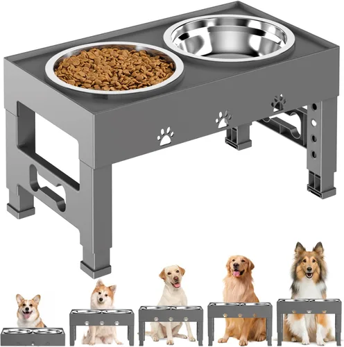 Cuencos elevados para perros con 2 cuencos de acero inoxidable, soporte ajustable de 5 alturas (3.1 pulgadas, 9 a 12 pulgadas), para una mejor Gris