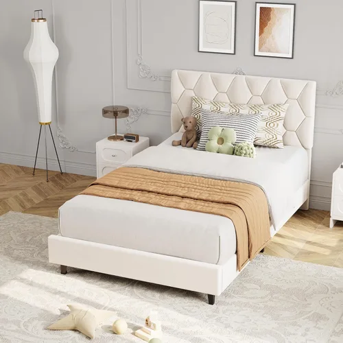 Miniatura 4 de GAOMON Base de cama individual XL beige con cabecera tapizada, base de cama de plataforma resistente con listones de madera fuertes, no necesita