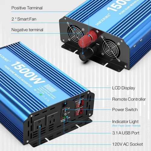 Miniatura 5 de Inversor de potencia de onda sinusoidal pura de 1500 vatios, 12 Vdc a 110 Vdc a 120 Vdc, para sistemas solares domésticos, vehículos recreativos