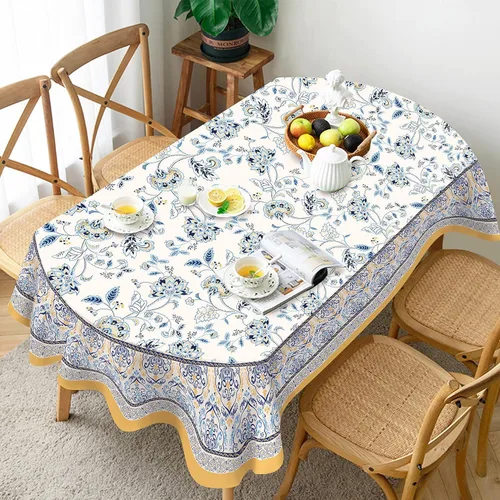 Miniatura 3 de Mantel floral impermeable, mantel de campo francés ovalado azul y amarillo, 54 x 72 pulgadas, resistente a las arrugas y lavable, perfecto
