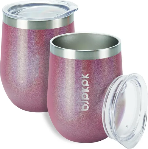 BJPKPK 2 vasos de vino aislados de 12 onzas, tazas de café al vacío de doble pared de 12 onzas con tapa, vasos de vino de acero inoxidable