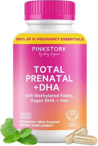Pink Stork Vitaminas prenatales totales para mujeres | DHA vegano, metilfolato, hierro, colina, vitamina B12 | Nutrición preconceptiva | Sin eructos