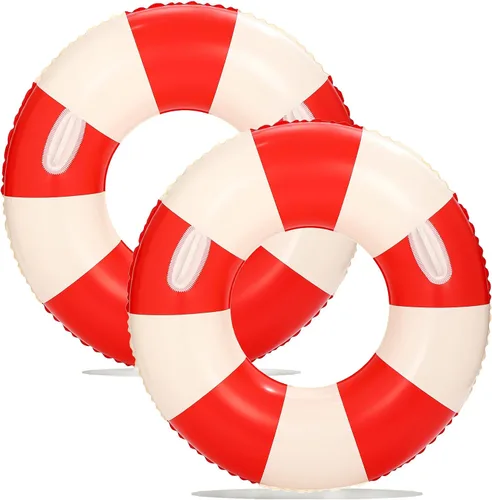 Miniatura 13 de Flotadores inflables de piscina para adultos, paquete de 2 flotadores a rayas, tubos de piscina, anillos de natación con asas, flotador inflable