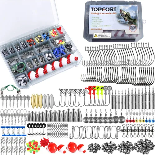 TOPFORT Kit de 187/343 piezas de accesorios de pesca, Caja de aparejos de pesca organizada con aparejos incluidos, anzuelos de pesca, pesas de Kit